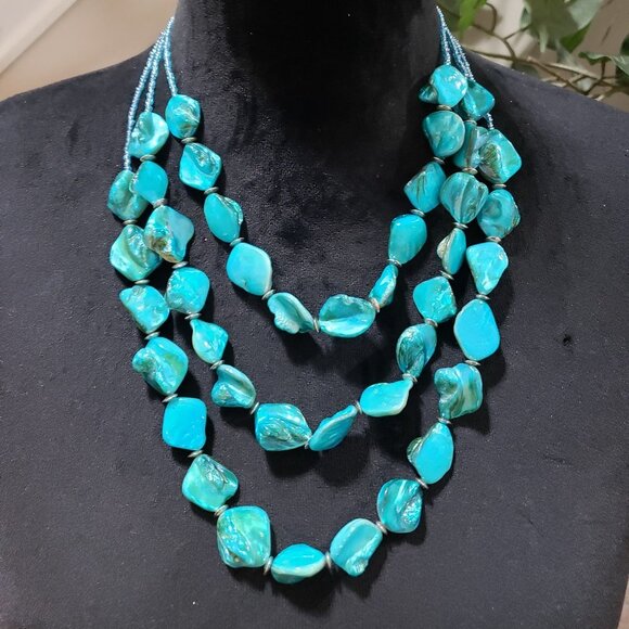Women Fashion Blue Irregular Turquoise Trible Strand Necklace with Lobster Clasp - Picture 1 of 6